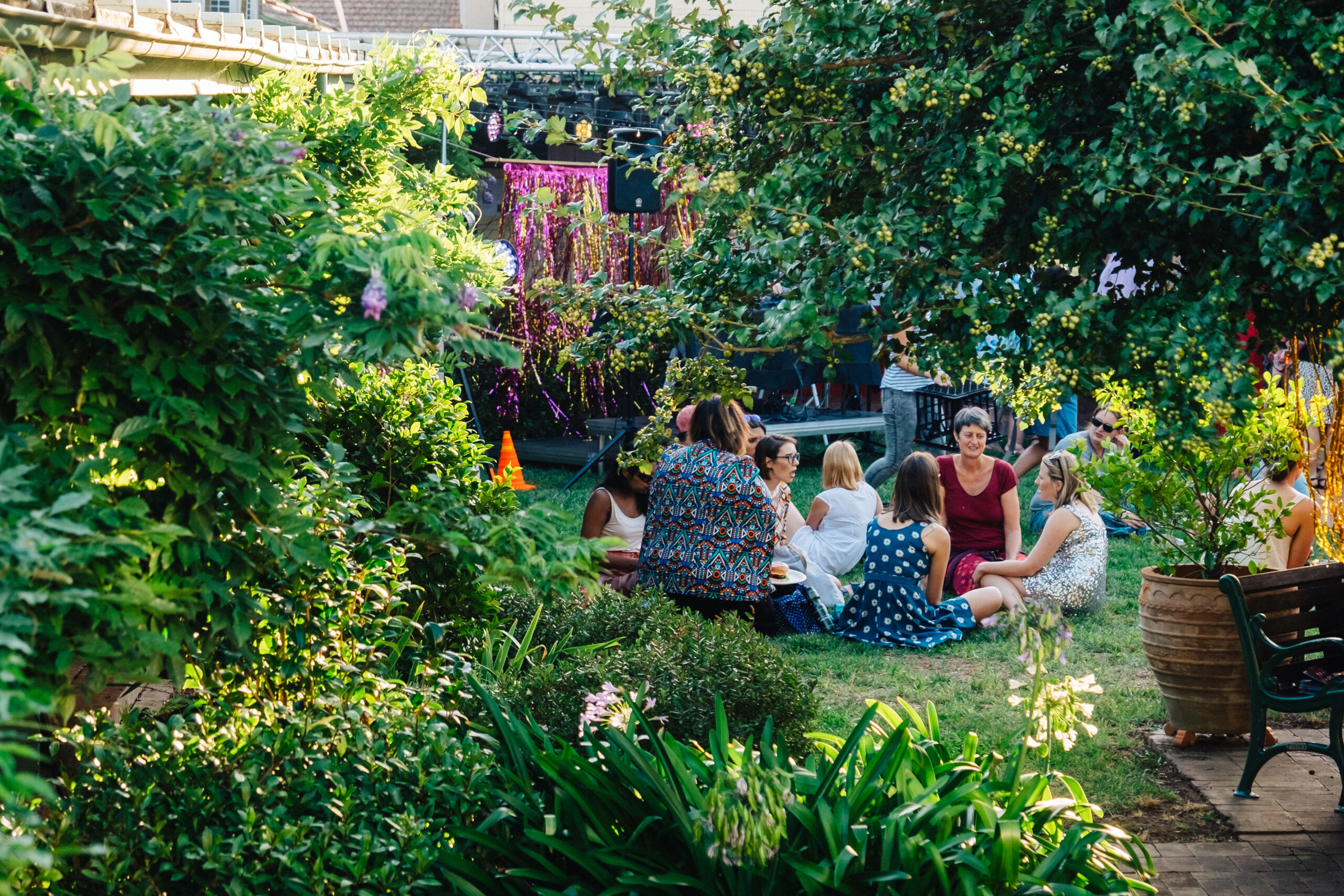 Gorman courtyard with people in a picnic.