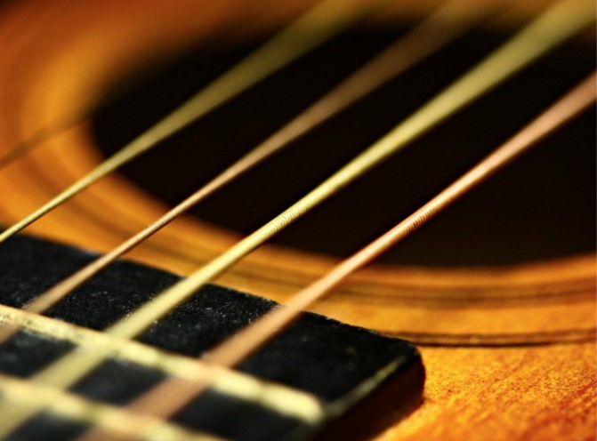 Close up on strings on a guitar.