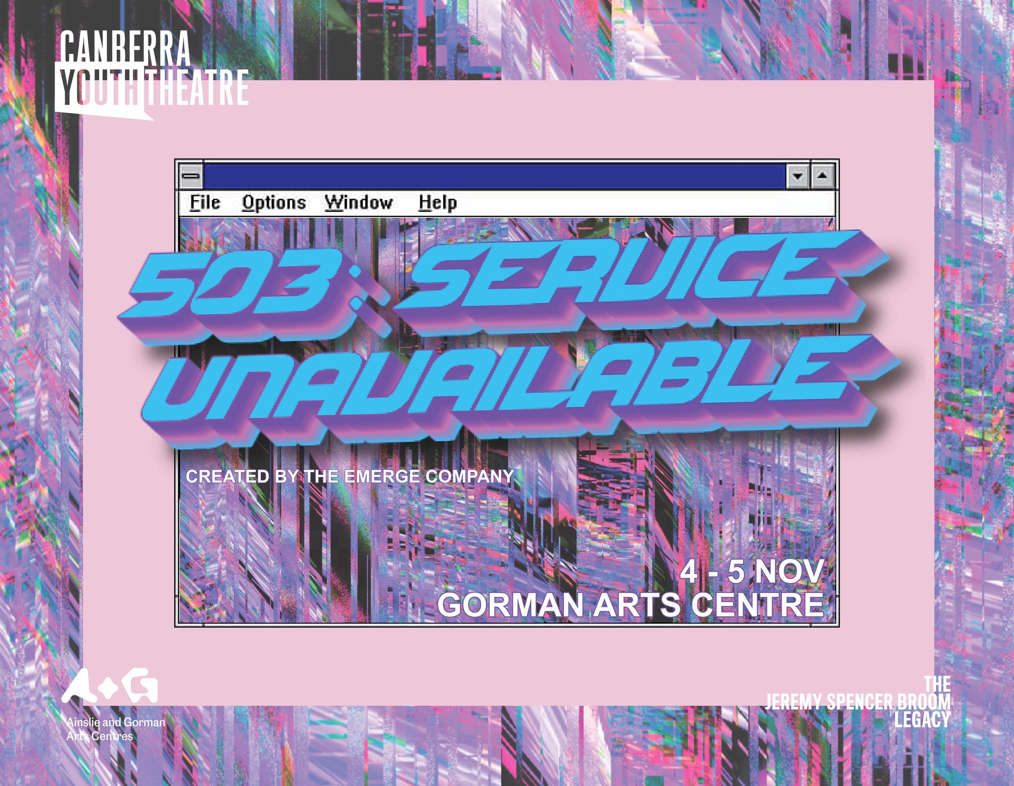 the words '503 Service Unavailable' in bold with an old microsoft windowsd browserr window in the background. Multi-coloured glitches are everywhere.