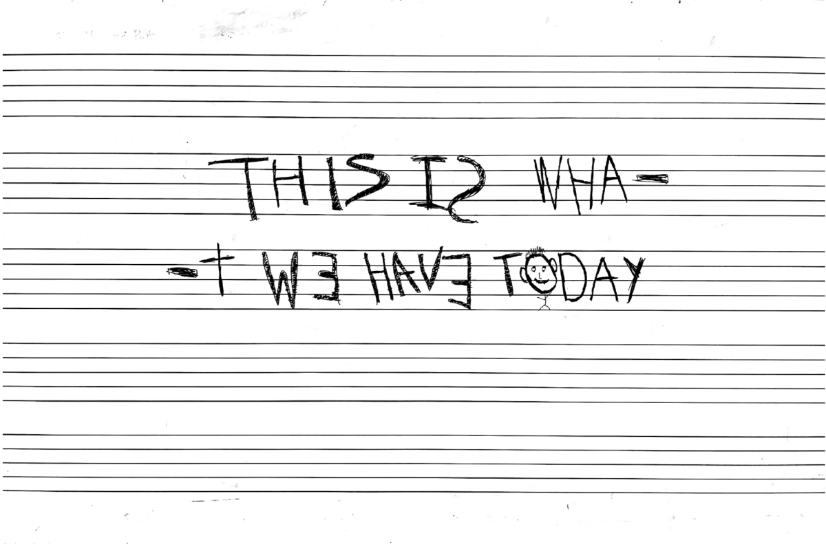 A Handscribbled note is writing partially backwards reads 