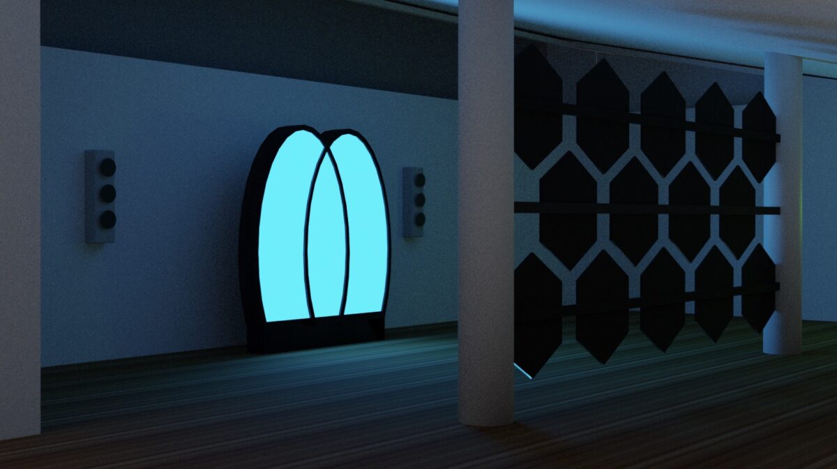 A blue light box with three curved connected panels sits opposite a series of hanging hexagons.s.