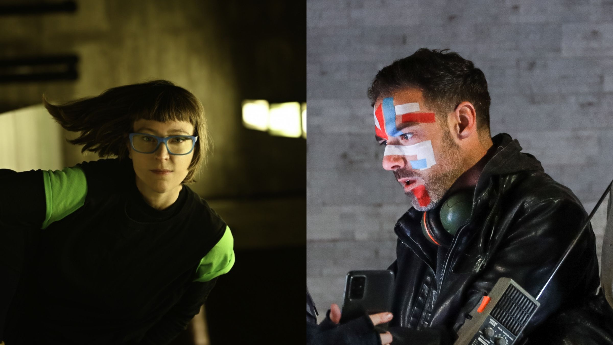 On the left side of the frame a woman is standing in a dimly lit underpass, on the right a man with red, blue and white stripes painted on his face.