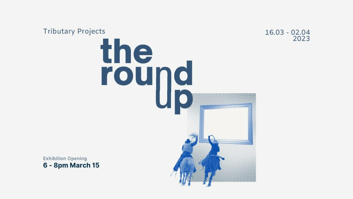 A blue screenprinted image on a white background of two cowboys riding horses.