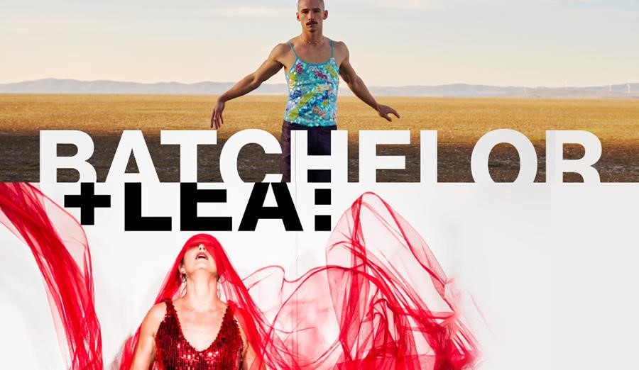 Picture divided into a top and bottom panel, top panel features Jamaes walking through the desert wearing a light blue singlet. Below Liz Lea wears red dress with red flowing out behind her on a white background.